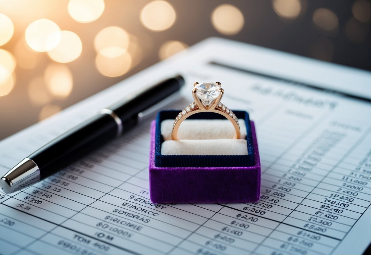 A sparkling diamond ring nestled in a delicate velvet box atop a budget spreadsheet