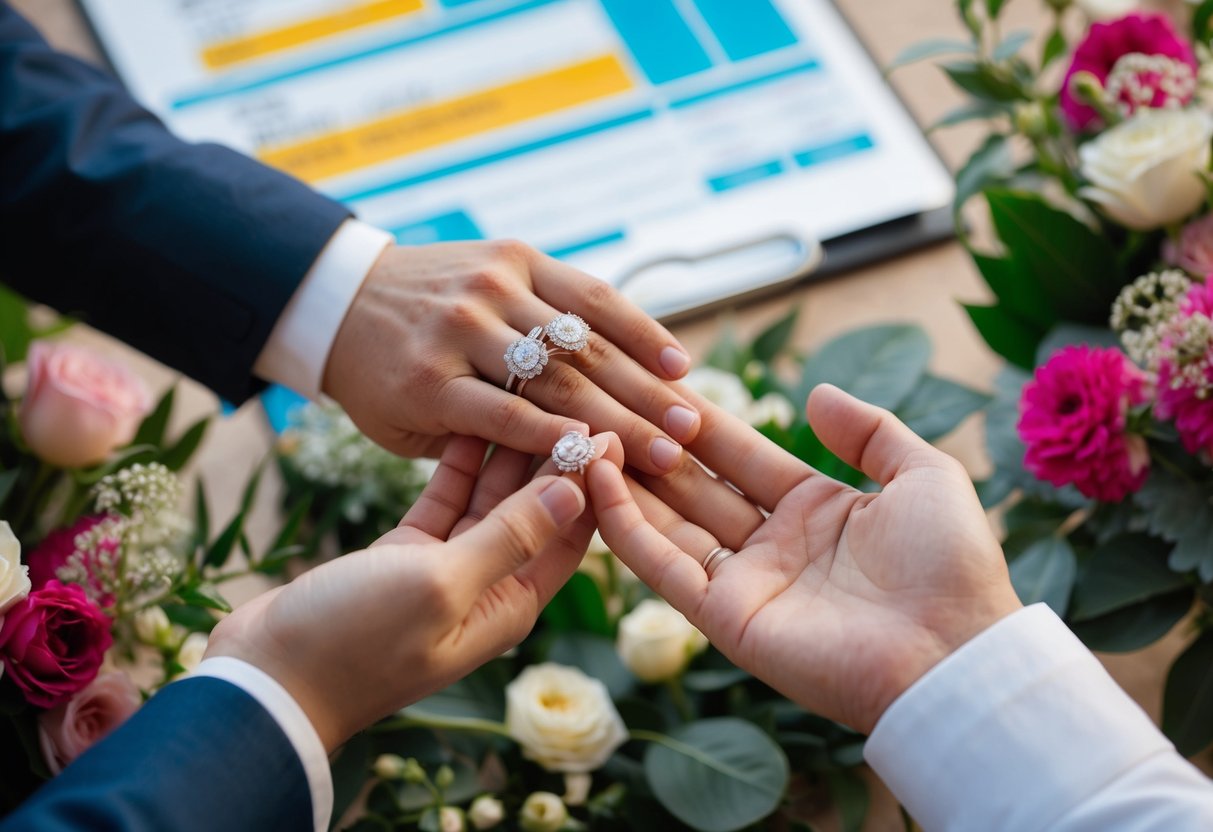 A couple's hands holding wedding rings, surrounded by flowers and decorative elements, with a budget spreadsheet in the background