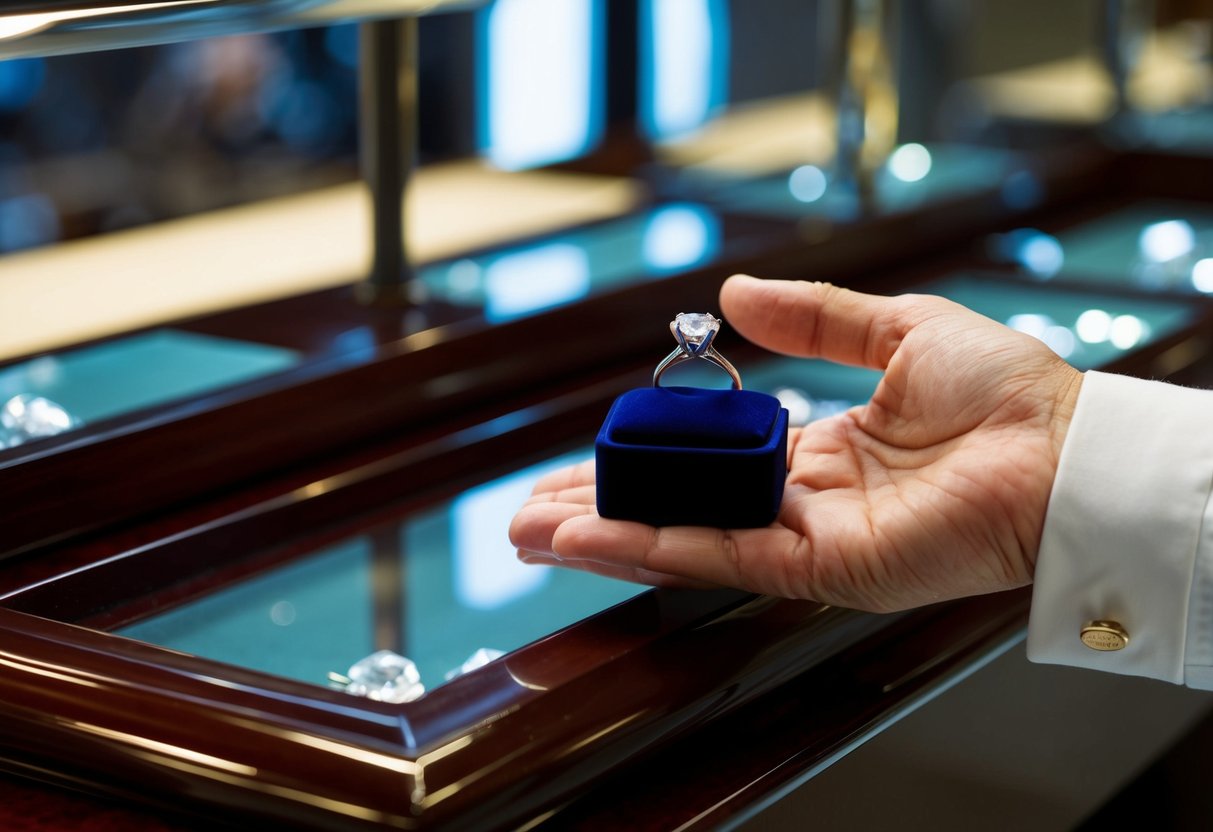 A jeweler's hand presenting a sparkling diamond ring in a velvet box on a polished wooden display counter