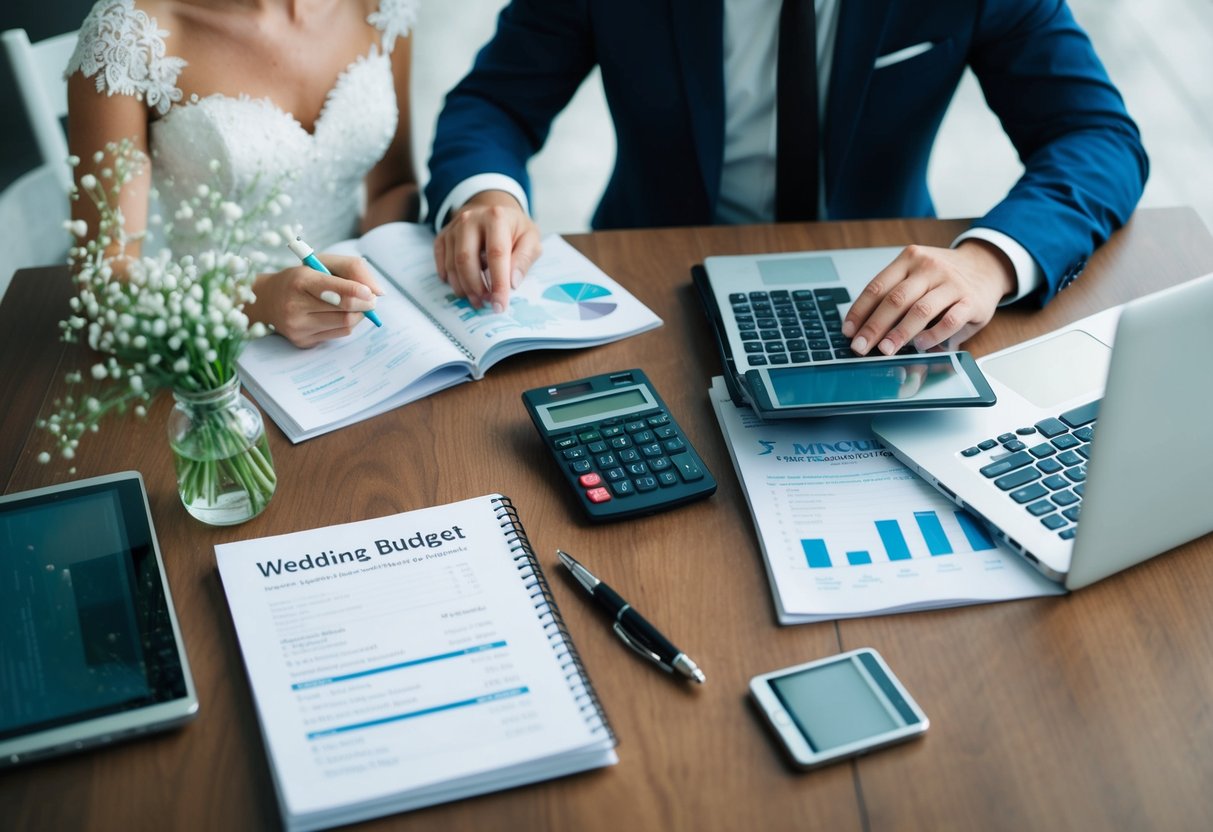 A couple sits at a table with a notebook, calculator, and laptop, surrounded by wedding magazines and financial documents. They discuss and plan their wedding budget