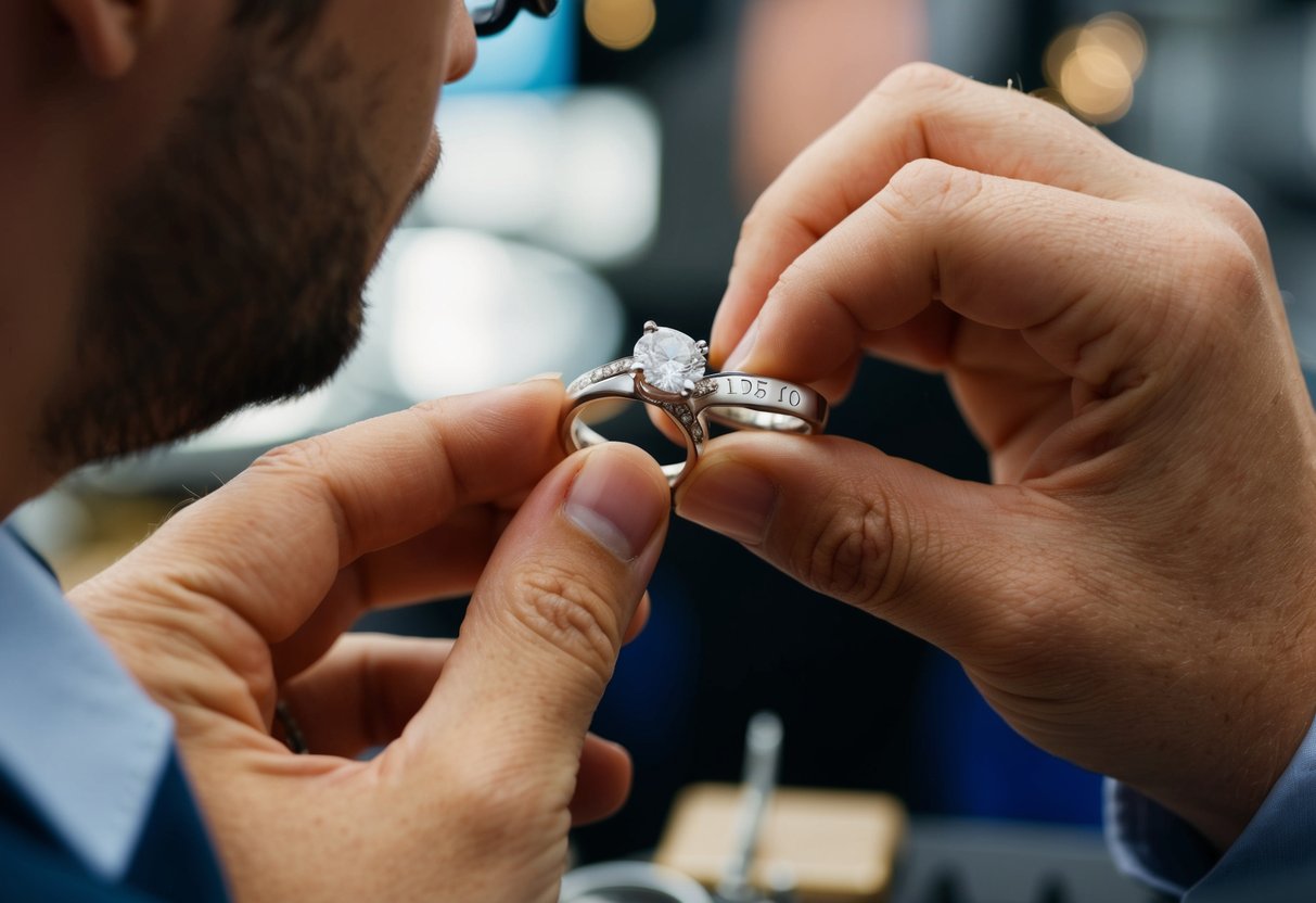 A jeweler carefully engraves a couple's wedding rings with personalized initials and a special date, adding a unique touch to the timeless symbols of love and commitment