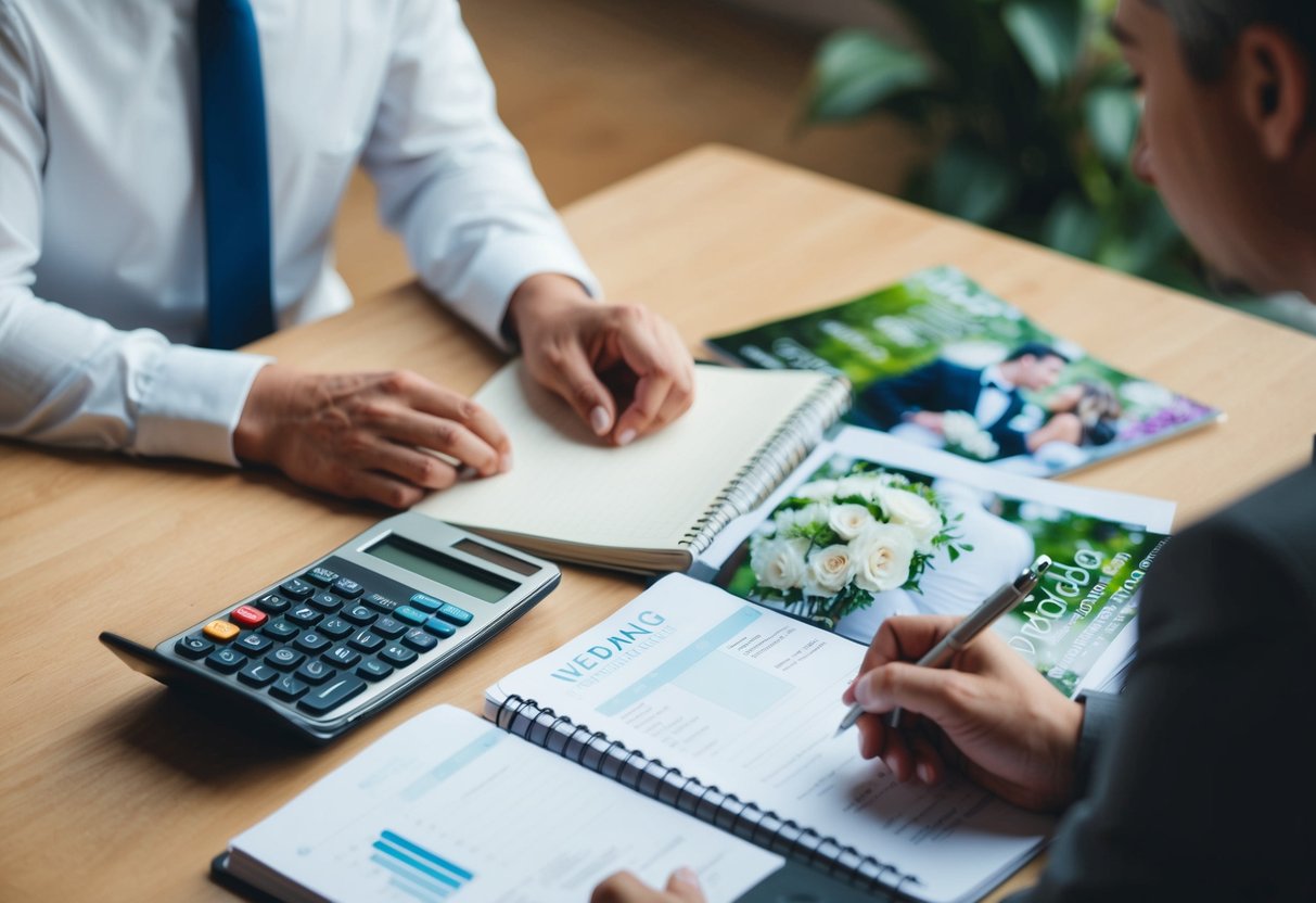 A couple sitting at a table with a notebook, calculator, and wedding magazines, discussing and planning their wedding budget