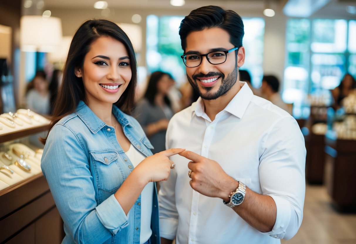 A couple at a jewelry store, pointing to wedding bands