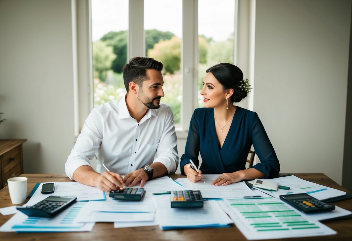 A couple sits at a table covered in wedding planning materials, calculators, and budget spreadsheets. They look determined, discussing and making notes