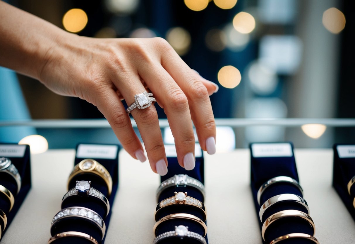 A woman's hand holding a wedding band while standing in front of a display of various wedding bands