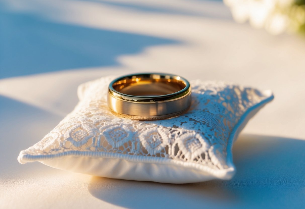A wedding band rests on a delicate lace pillow atop a pristine white tablecloth. The soft glow of sunlight illuminates the gleaming gold band, casting a warm, romantic aura