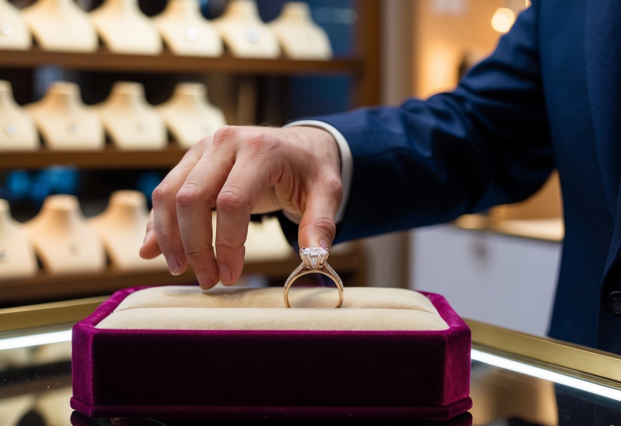 A man's hand reaches for a wedding band on a velvet display in a jewelry store