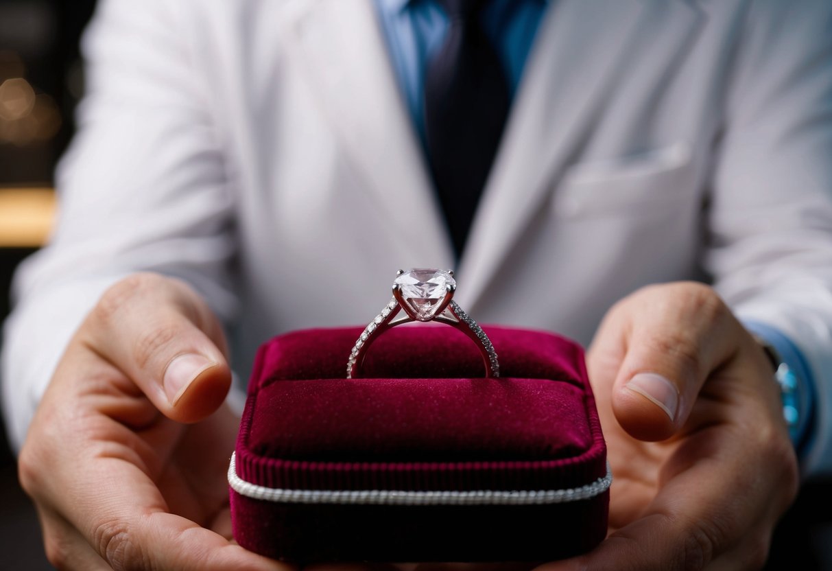 A jeweler presenting a sparkling diamond ring on a velvet cushion
