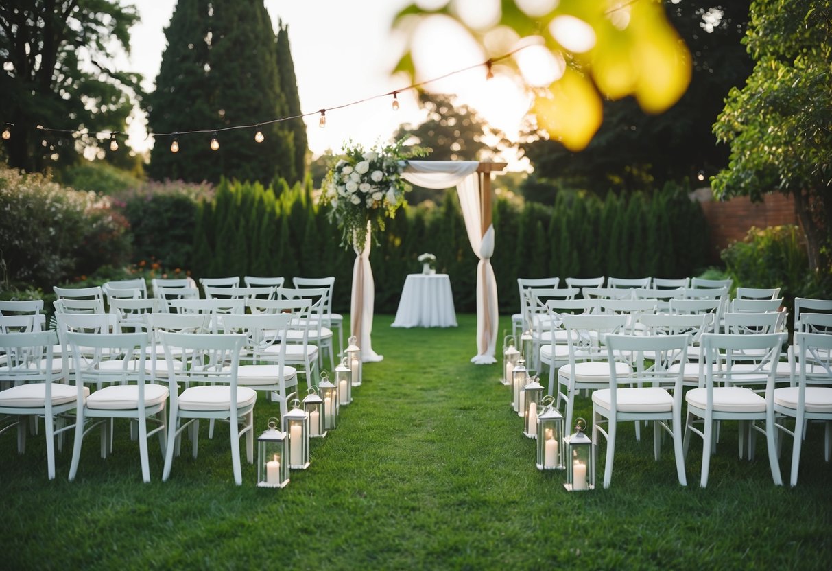 A quaint outdoor garden with 200 chairs arranged for a wedding ceremony