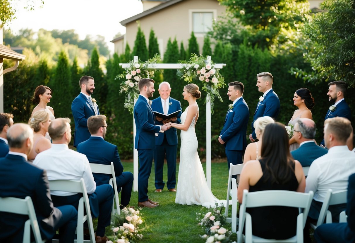 A cozy backyard ceremony with a handful of guests seated in a circle around the couple exchanging vows. A small, simple arch adorned with flowers frames the scene