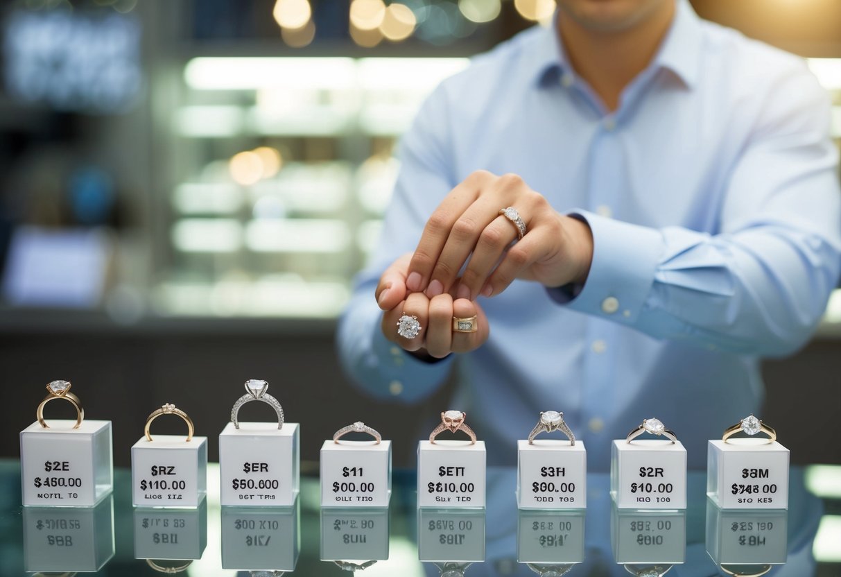 A jeweler presenting a variety of engagement rings with price tags and a list of additional costs and considerations