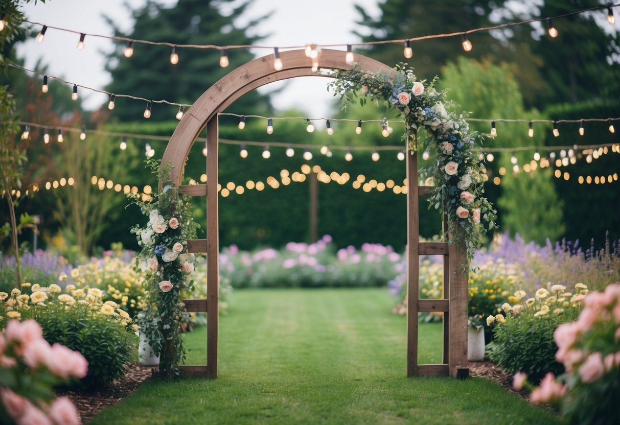 A cozy outdoor garden with a rustic wooden arch, surrounded by blooming flowers and twinkling string lights