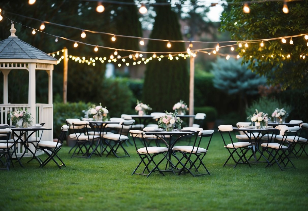 A cozy outdoor garden setting with string lights, a small gazebo, and scattered bistro tables with elegant floral centerpieces
