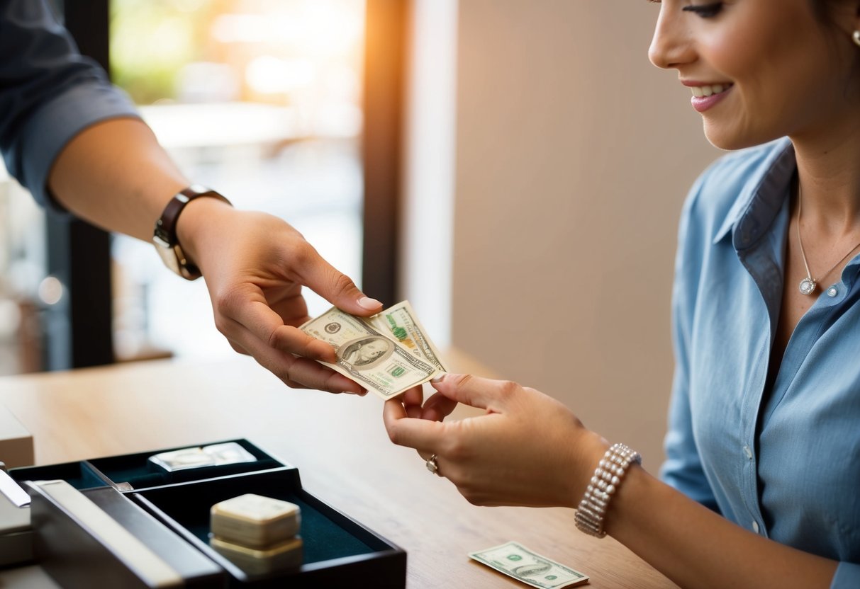 A woman hands over money to a jeweler in exchange for a wedding band