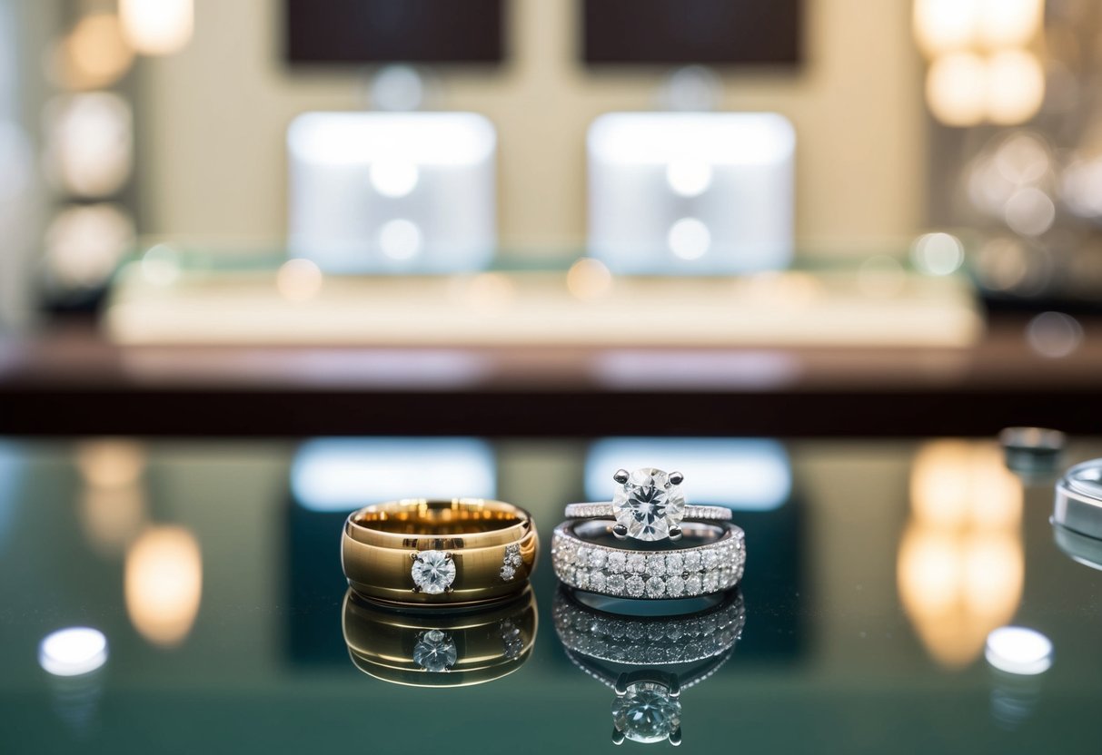 A jewelry store counter with an engagement ring and wedding band displayed side by side