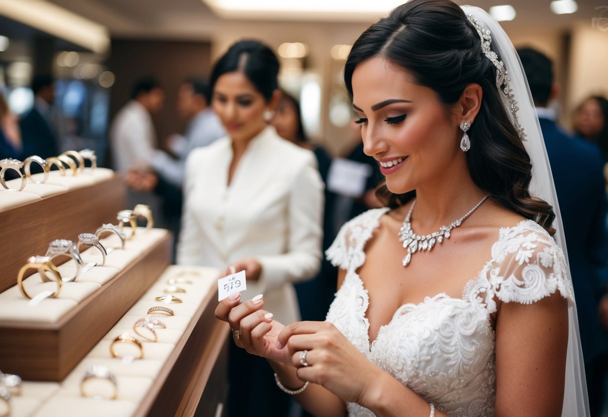 A bride browsing wedding bands at a jewelry store, holding a ring and looking at the price tag