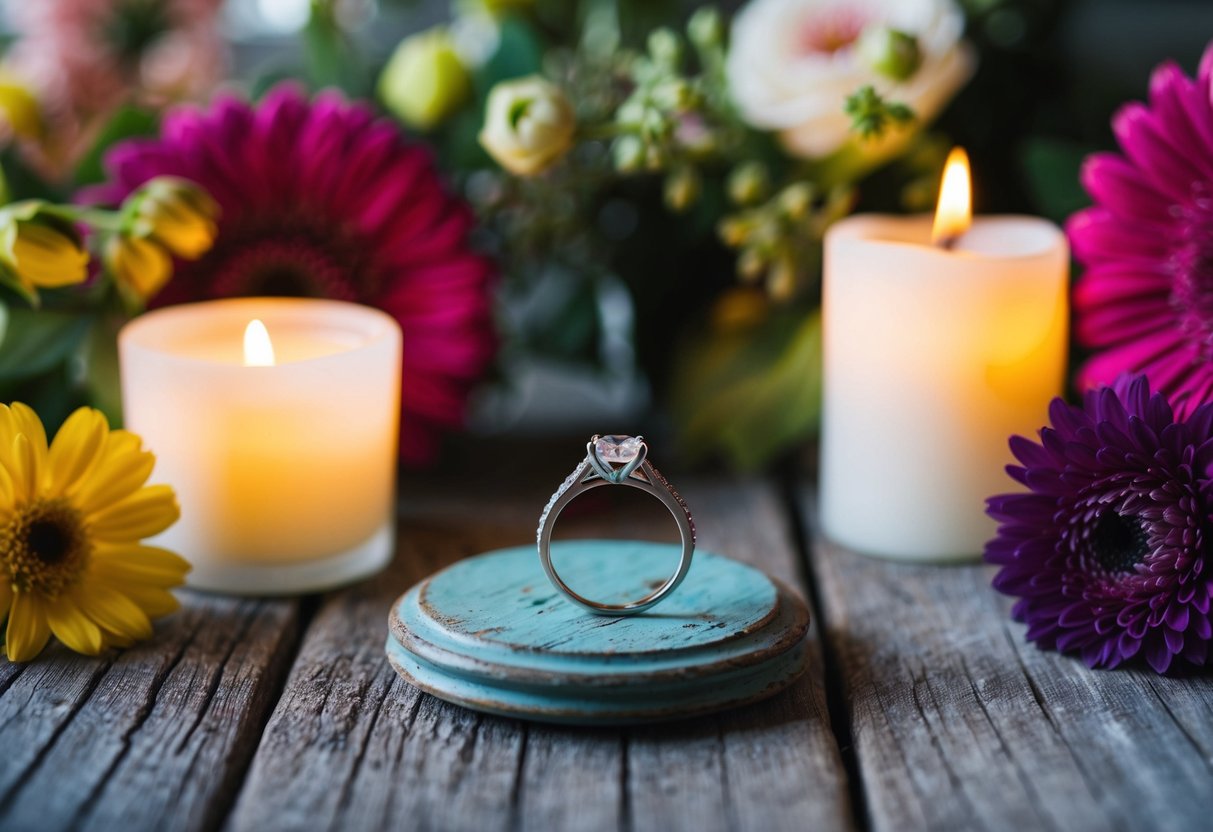 A wedding ring placed on a weathered wooden table, surrounded by vibrant flowers and soft candlelight