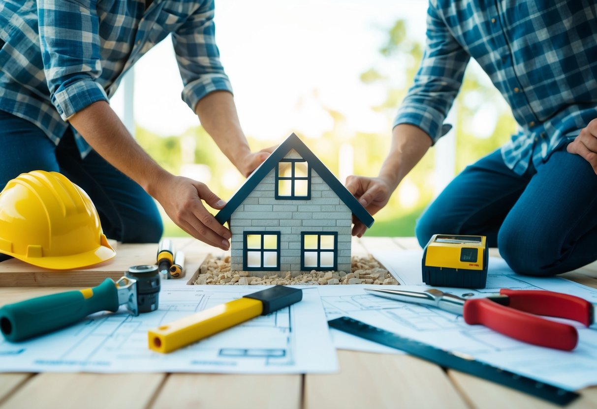 A couple constructing a solid foundation for a marriage, surrounded by tools and blueprints