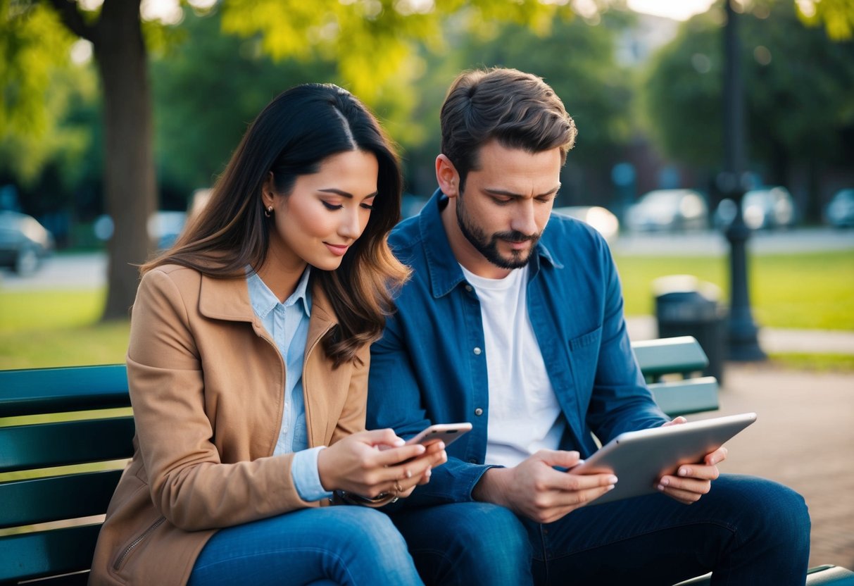 A couple sits on a park bench, surrounded by modern technology. The woman looks at her phone while the man scrolls on a tablet, both deep in thought