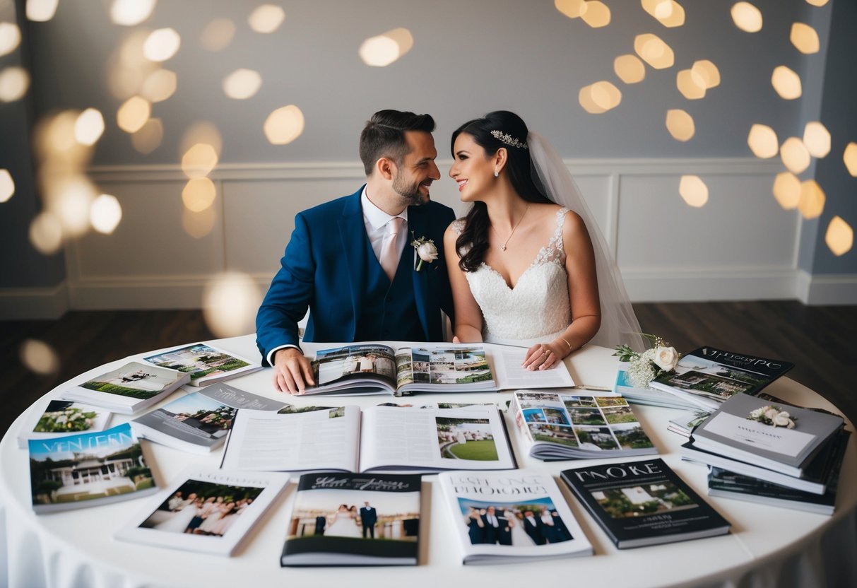 A couple sits at a table covered in wedding magazines and planning books, surrounded by photos of potential venues and decorations