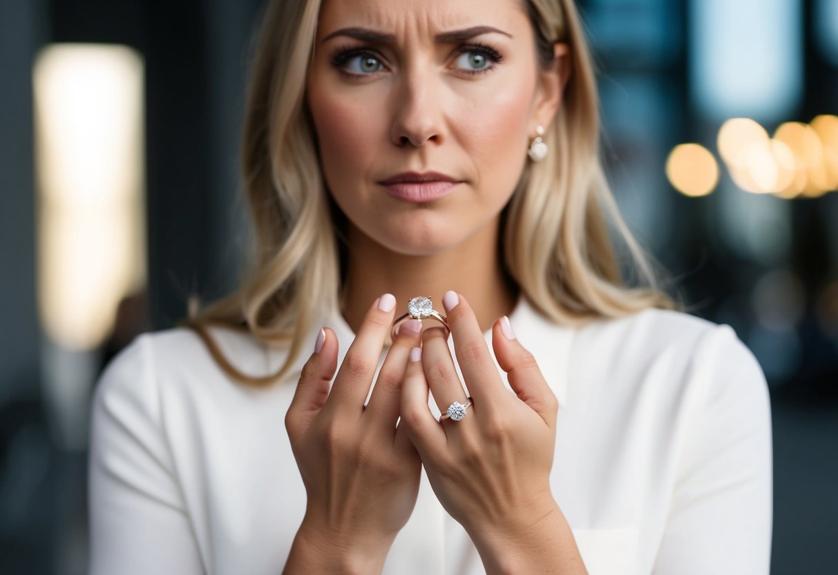 A woman's hand holding an engagement ring, with a conflicted expression on her face