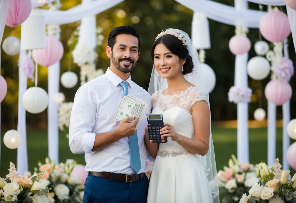 A couple stands surrounded by wedding decorations, holding unpaid bills and a calculator