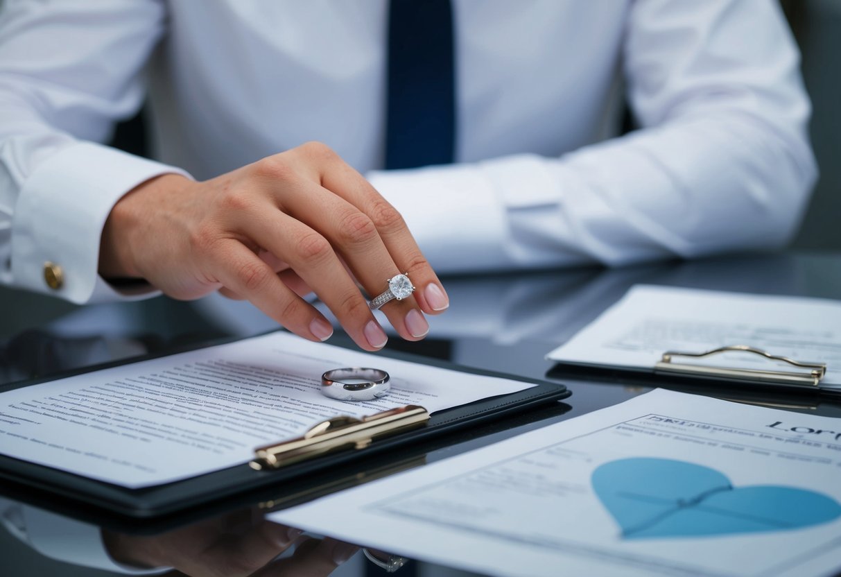 A hand placing a wedding ring on a table, surrounded by legal documents and a faint reflection of a broken heart