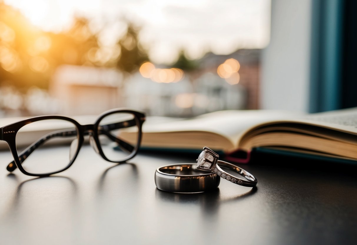 A wedding ring placed on a table next to a pair of glasses and a book