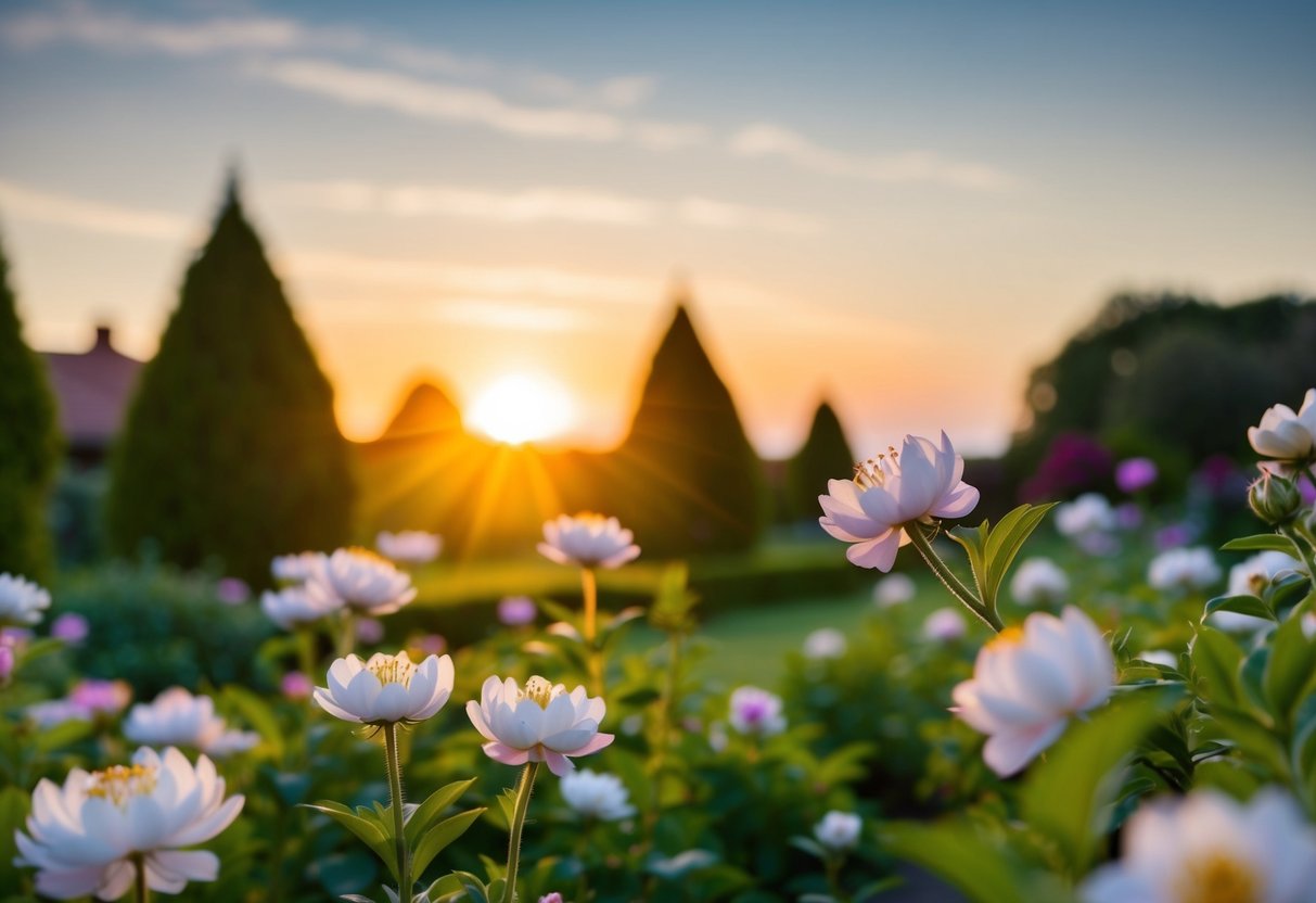 A serene garden with blooming flowers and a setting sun, symbolizing maturity and readiness for marriage at the age of 45
