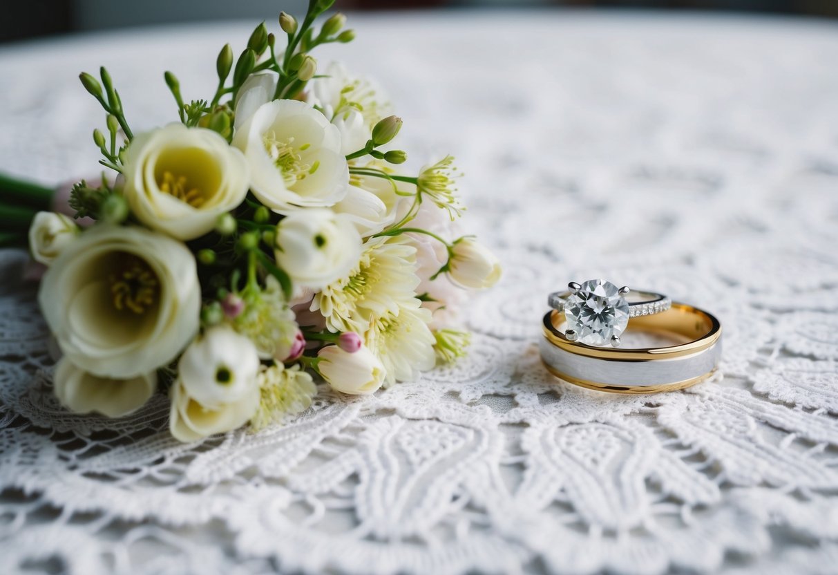 A sparkling engagement ring placed next to a delicate bouquet of flowers on a pristine white lace tablecloth
