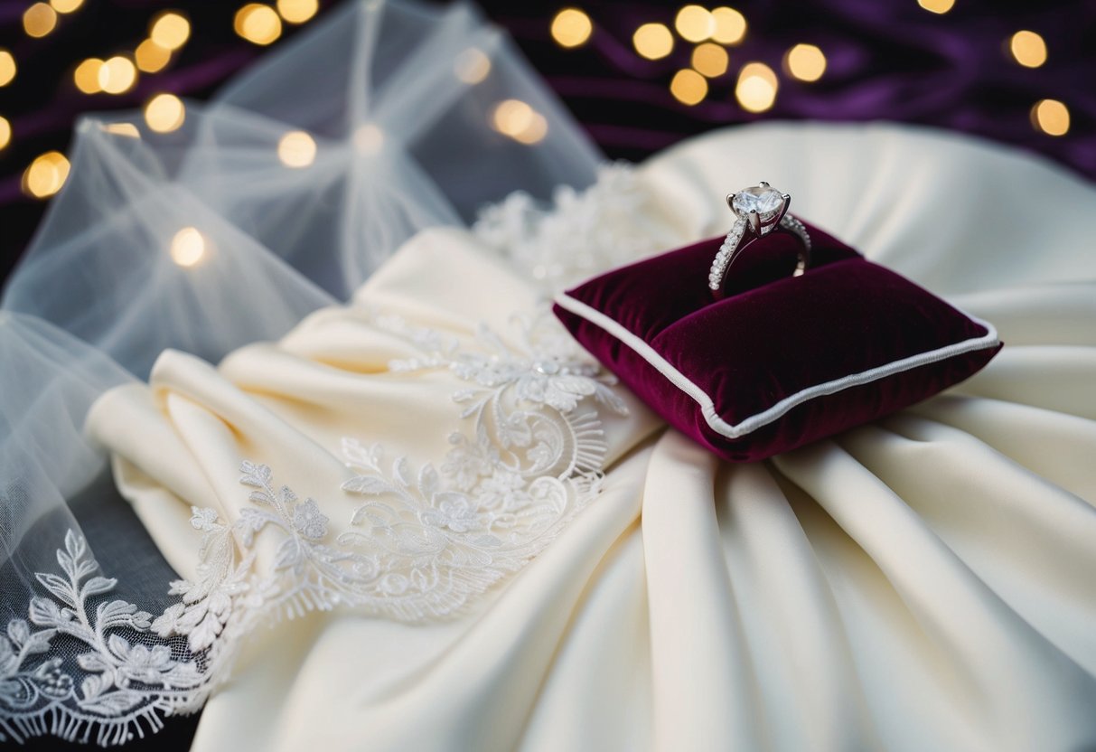 An elegant wedding dress with a delicate lace sleeve, adorned with a sparkling engagement ring placed on a velvet cushion