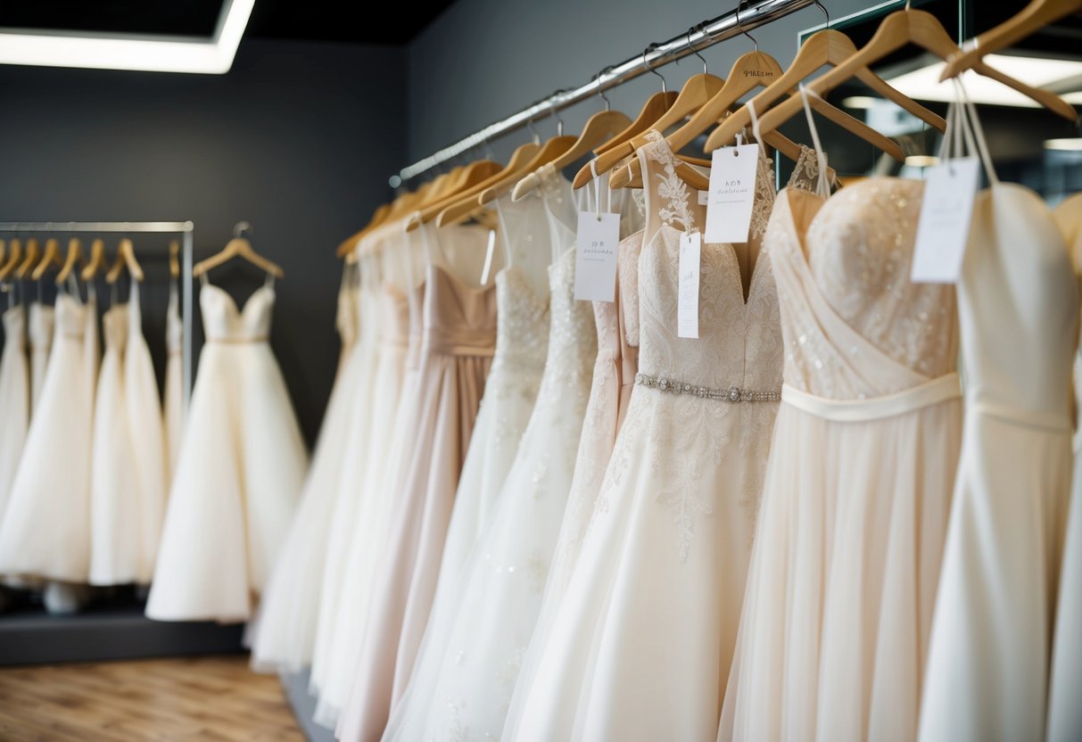 A row of elegant wedding dresses on display in a boutique, with price tags visible