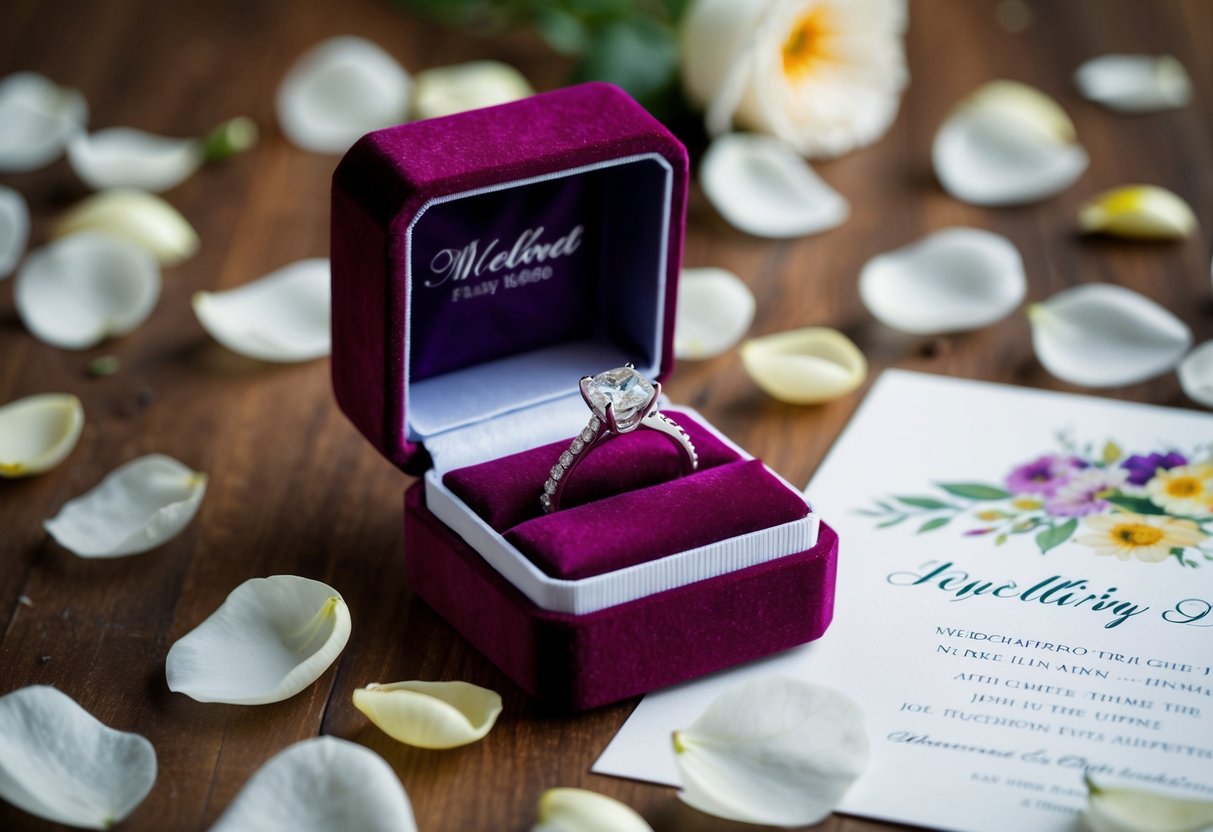 An engagement ring placed on a velvet jewelry box, surrounded by scattered flower petals and a wedding invitation