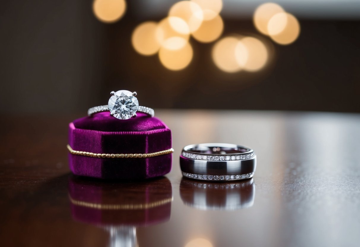 A sparkling engagement ring resting on a velvet jewelry box, positioned next to a wedding band on a polished wooden surface