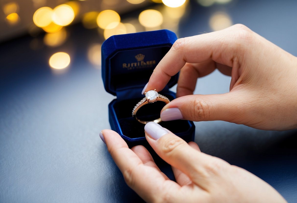 A hand placing a new wedding band next to an engagement ring on a velvet jewelry box
