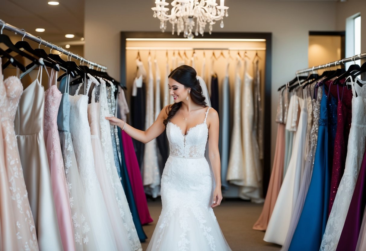 A bride-to-be browsing through racks of wedding dresses in a boutique, surrounded by elegant gowns in various styles and shades