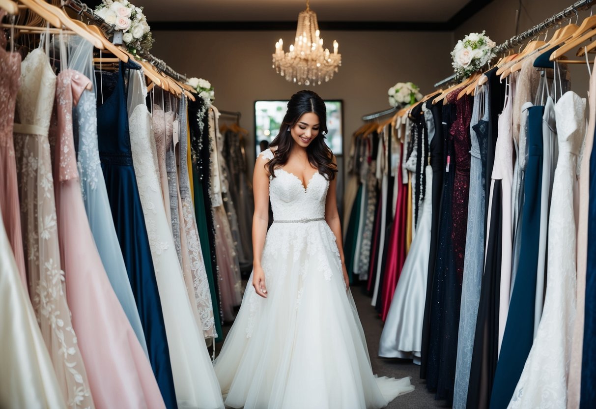 A bride-to-be browsing through racks of wedding dresses in a boutique, surrounded by various styles and designs