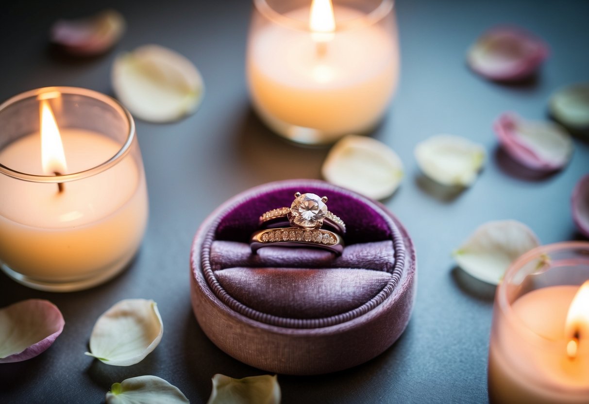 A newlywed's engagement ring and wedding band resting on a velvet ring holder, surrounded by delicate flower petals and soft candlelight