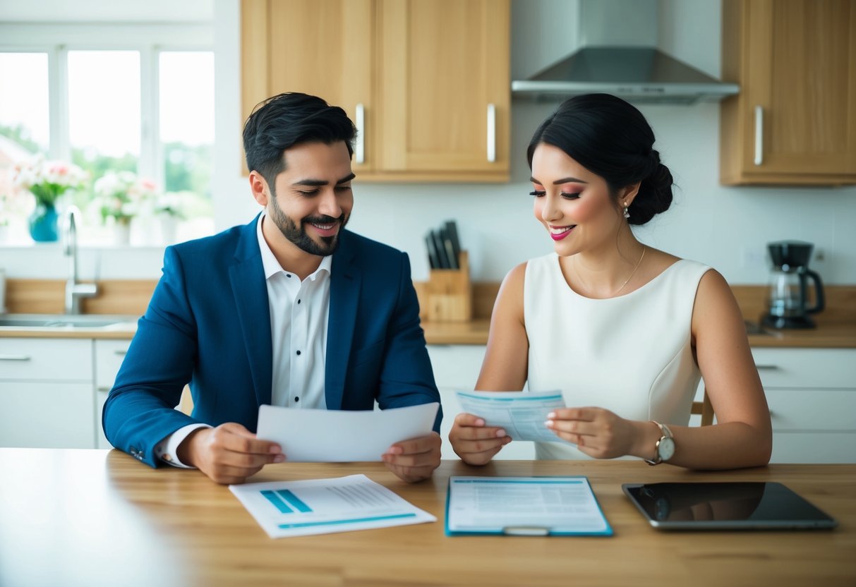 A couple sits at a kitchen table, reviewing wedding expenses while a bank statement and loan application lay in front of them