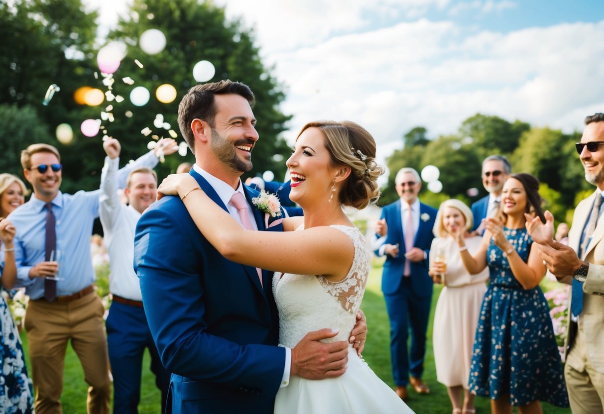 A happy couple celebrating in a beautiful outdoor setting, surrounded by family and friends. The scene is filled with love, joy, and laughter, capturing the essence of a wedding without the need for a loan