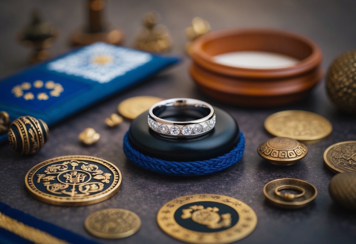 A European wedding ring placed on a right-hand surface, surrounded by traditional cultural symbols and historical artifacts