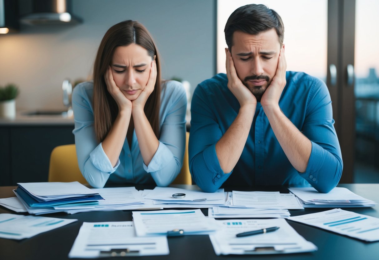 A couple sits at a table surrounded by bills and financial documents, looking stressed and overwhelmed
