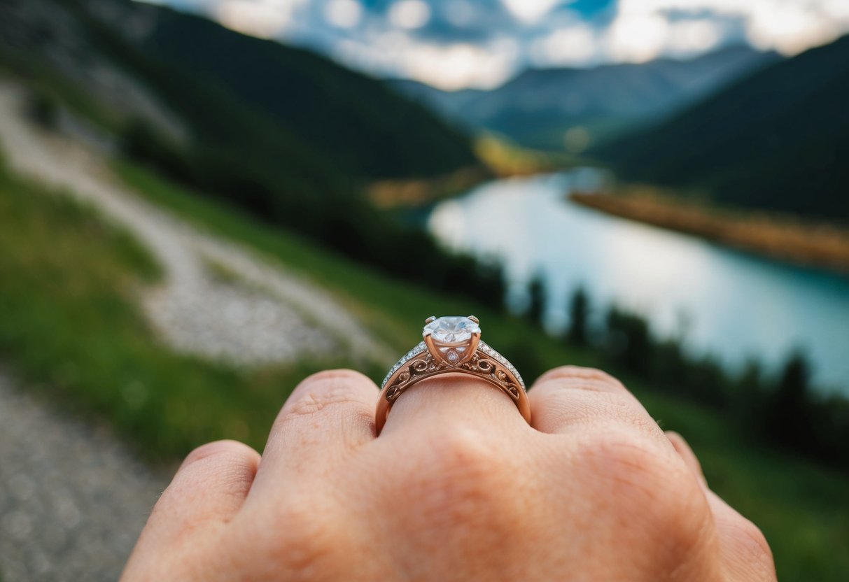 A European landscape with a focus on a traditional wedding ring placed on a right-hand ring finger