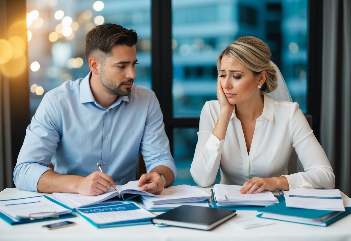 A couple sits at a table covered in wedding planning books and financial documents. They look stressed as they discuss wedding debt