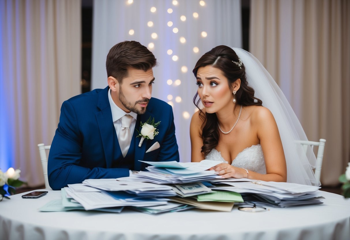 A couple at a wedding reception looking at a pile of bills and financial documents with worried expressions