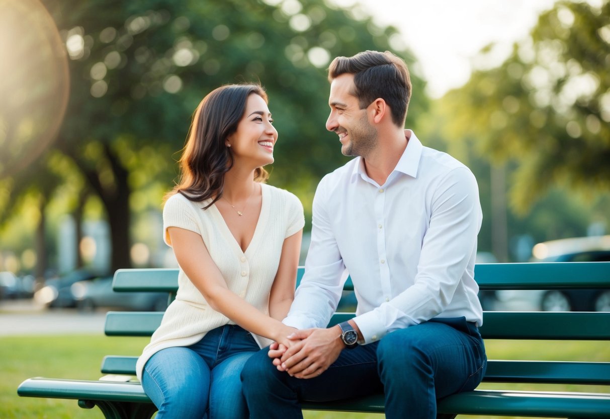 A couple sitting on a park bench, holding hands and smiling at each other