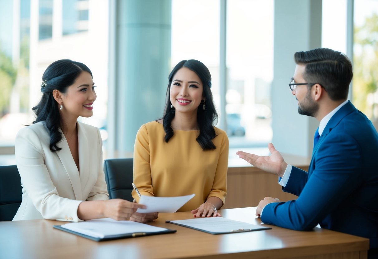 A couple sits at a bank desk, discussing wedding plans with a loan officer. The officer gestures to a document, while the couple looks hopeful