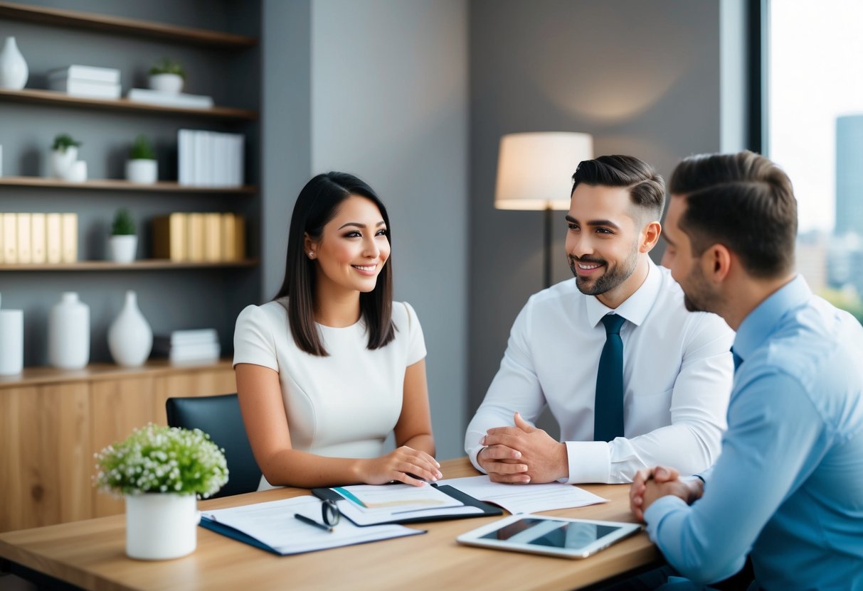 A couple sitting at a table with a financial advisor, discussing wedding loans and joint loan options