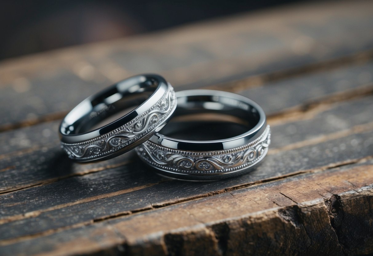 Two rings resting on a rustic wooden surface, one slightly larger than the other, with intricate designs and a shimmering finish