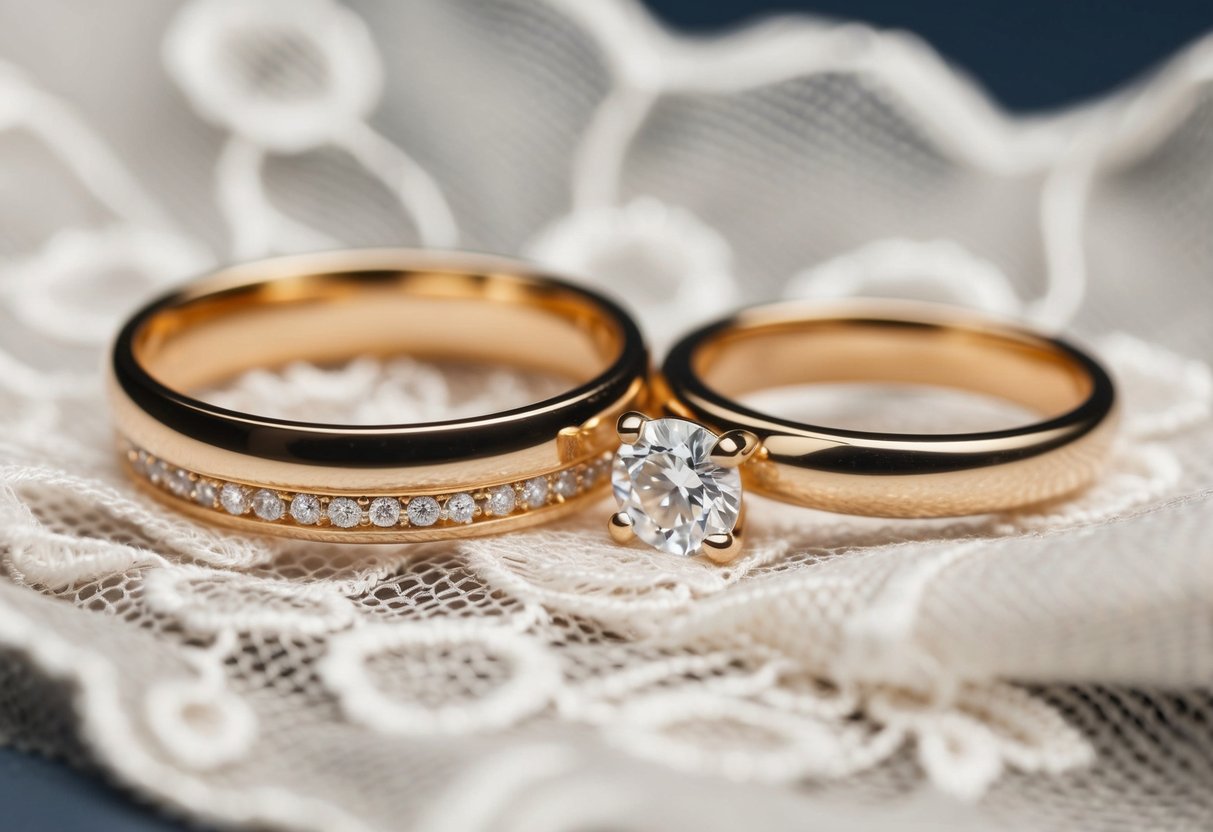 A pair of engagement rings placed side by side on a delicate lace fabric, symbolizing the tradition of both partners wearing a ring when engaged